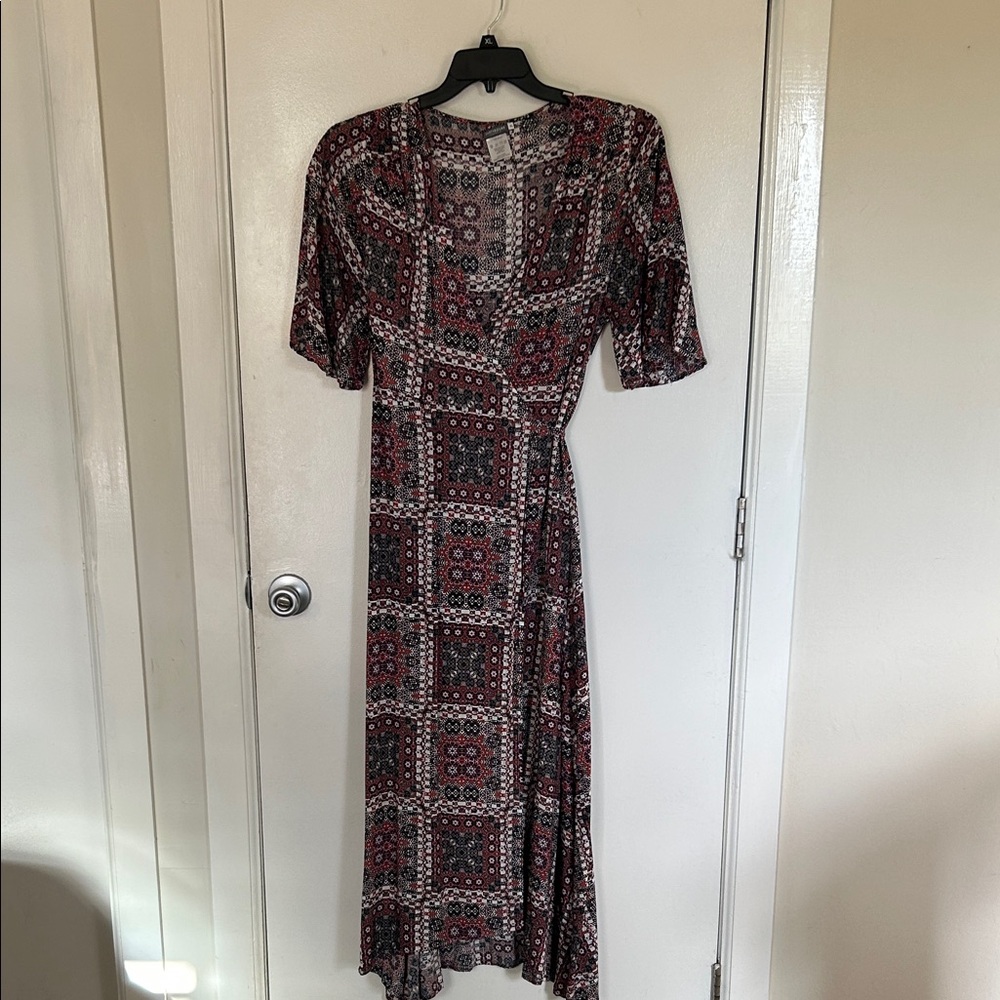 Patterned Burgundy and Black Maxi Bohemian Wrap Dress
